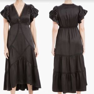 NWT Max Studio Flutter Sleeve Satin Midi Dress in Black.  Size XS
